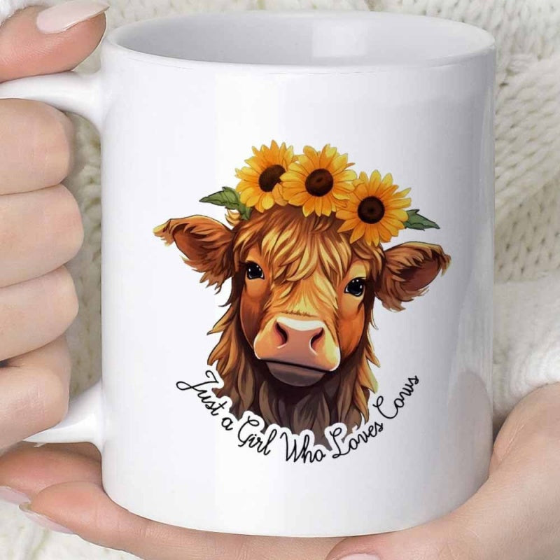 Tailorly White Ceramic 11 oz Mug - Just A Girl Who Loves Cows Hand Painted Highland Cattle Wearing Golden Sunflowers And Rustic Green Leaves Cow
