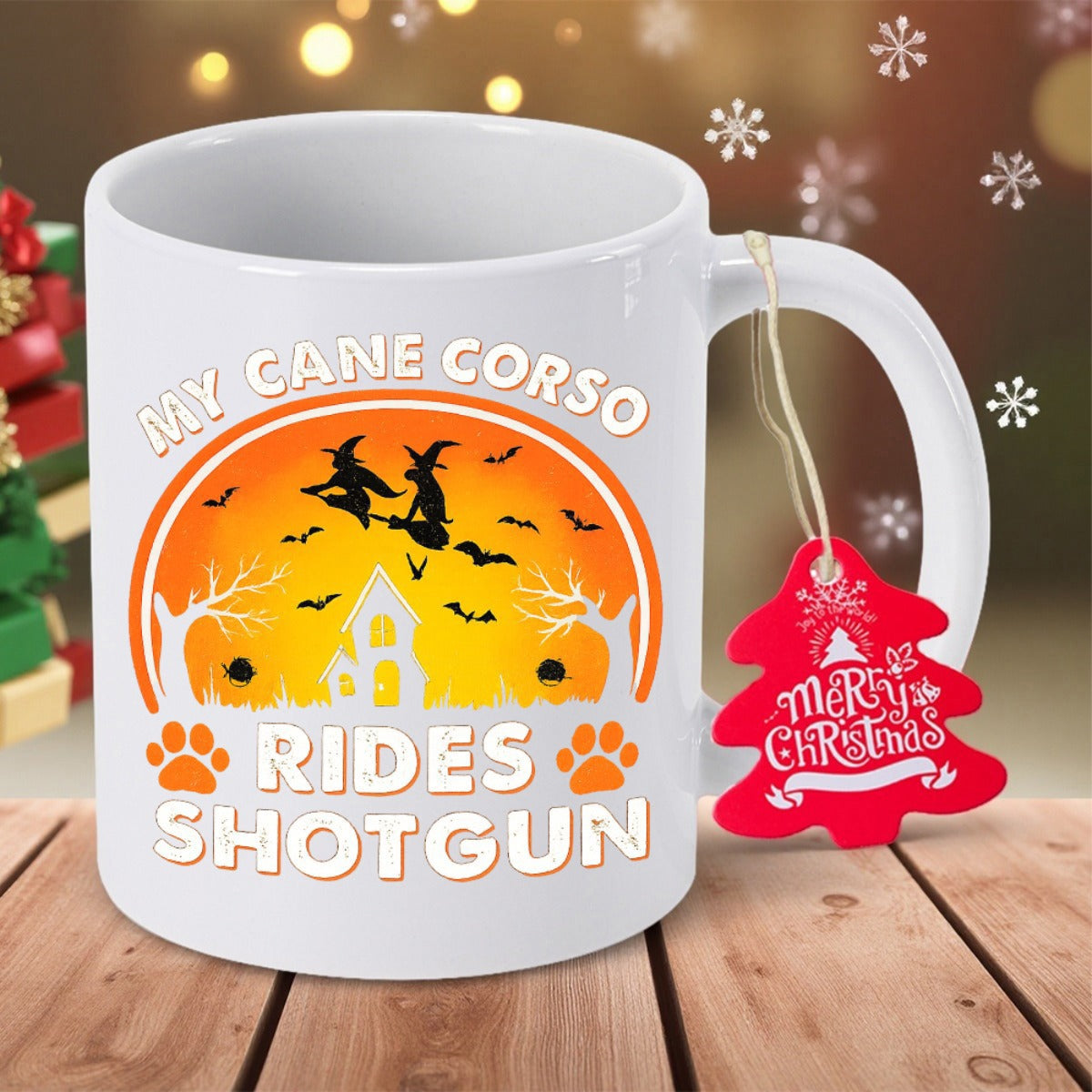Tailorly White Ceramic 11 oz Mug - My Cane Corso Rides Shotgun Spooky Silhouette Against Orange Sunset With Flying Bats And Haunted House Witch