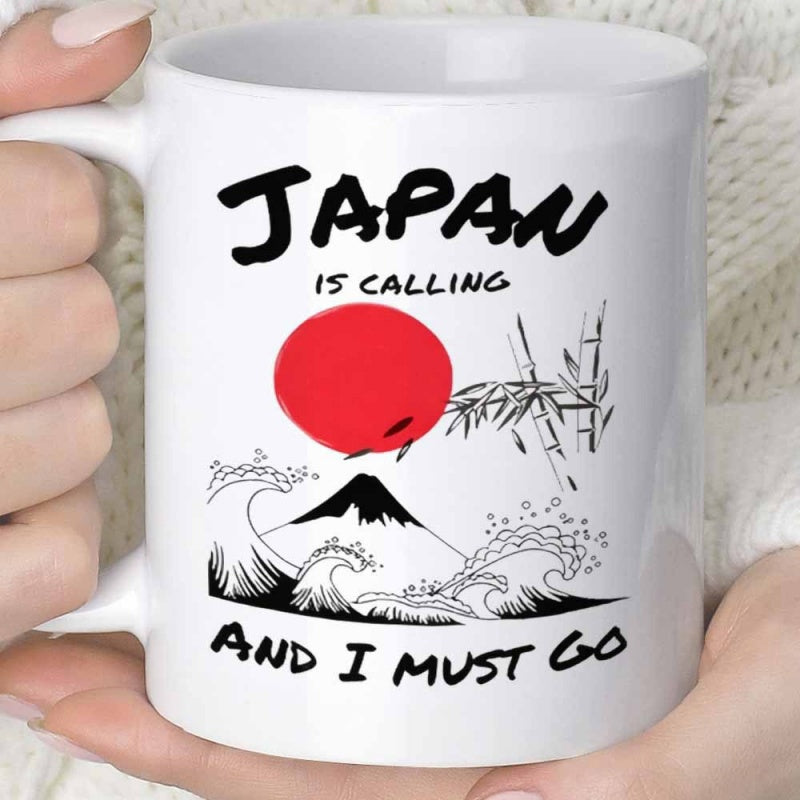 Tailorly White Ceramic 11 oz Mug - Japan Is Calling And I Must Go Iconic Red Sun Over Mount Fuji With Artistic Bamboo And Traditional Waves Mug