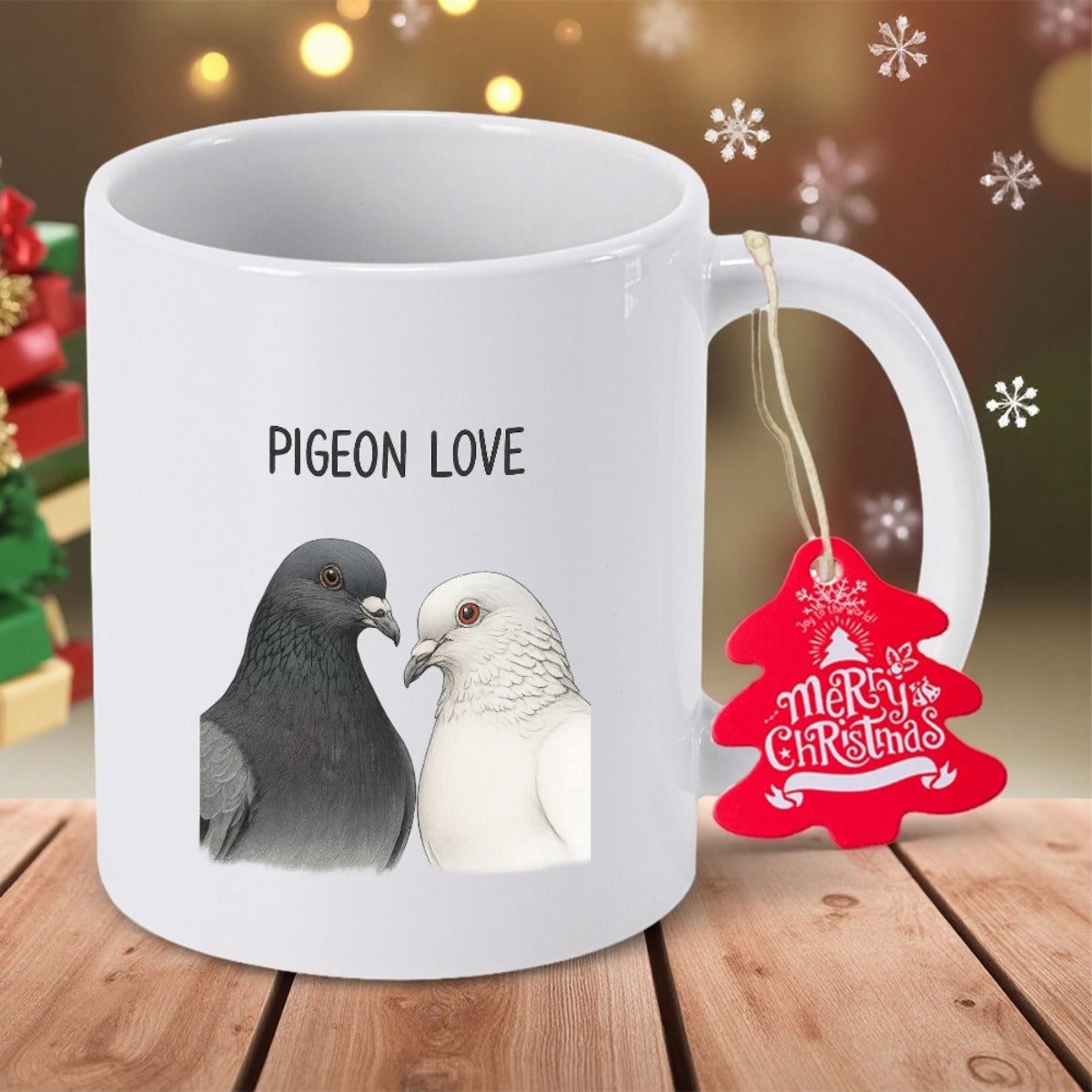 Tailorly White Ceramic 11 oz Mug - Pigeon Love Pair Of Detailed Realistic Black And White Birds Facing Each Other Pigeon