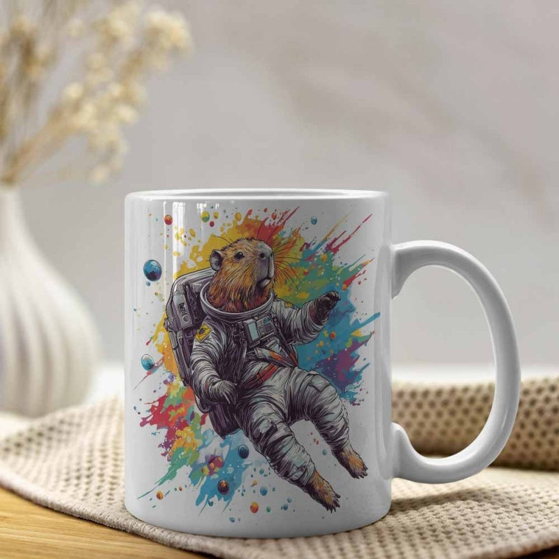 Tailorly White Ceramic 11 oz Mug - Colorful Rainbow Watercolor Splash Surrounding A Floating Cute Space Traveler Capybara