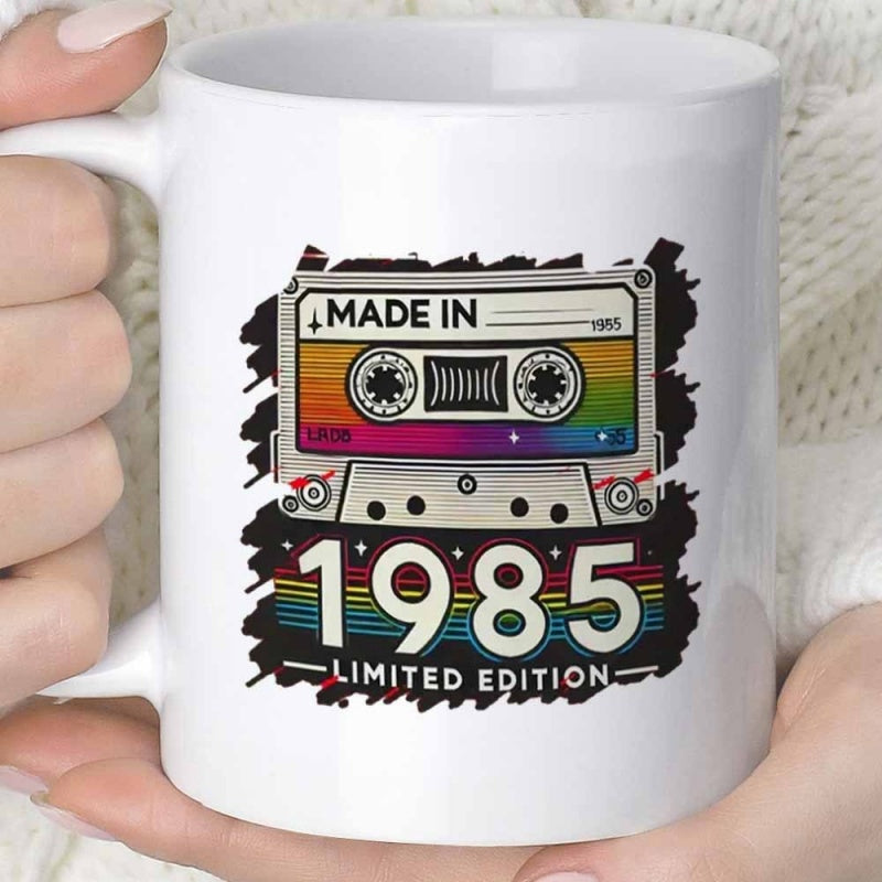 Tailorly White Ceramic 11 oz Mug - Made In 1985 Limited Edition Retro Vintage Style With Rainbow Stripes Distressed Background Cassette Tape