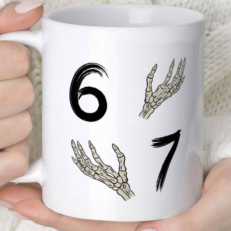 Tailorly White Ceramic 11 oz Mug - 6 7 Artistic Brush Stroke Numbers Reaching Between Bony Dead Hands Skeleton