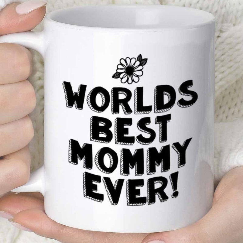 Tailorly White Ceramic 11 oz Mug - Worlds Best Mommy Ever Simple Daisy Petals Blooming Above Retro Bold Hand Lettered Themed Mug