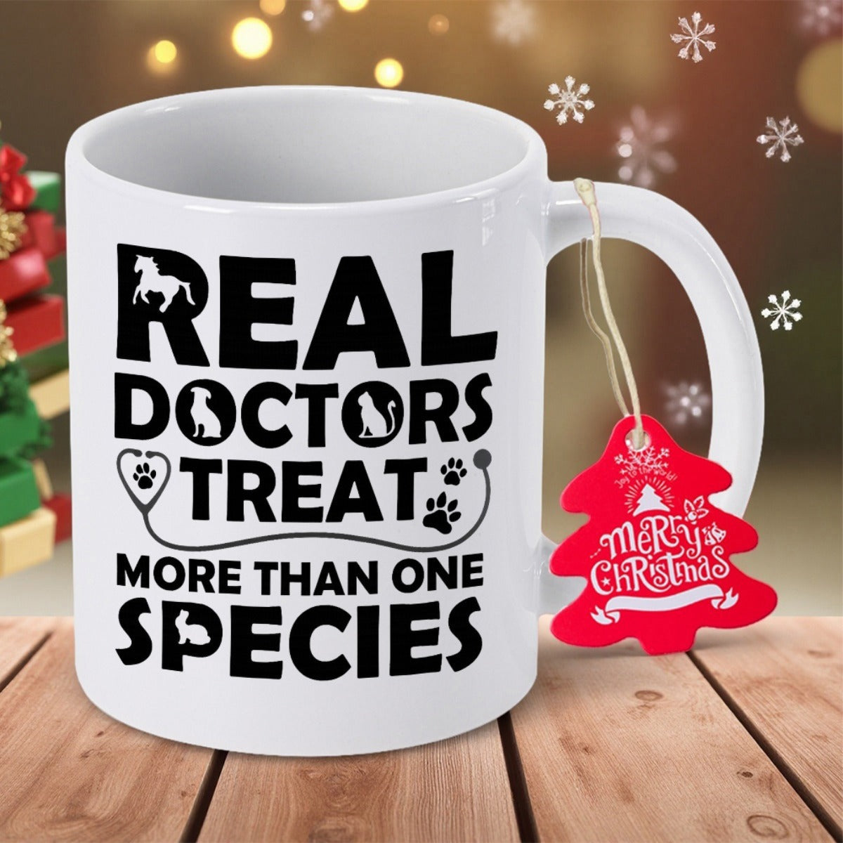 Tailorly White Ceramic 11 oz Mug - Real Doctors Treat More Than One Species Bold Black Professional Veterinary Illustration With Animal Silhouettes And Stethoscope