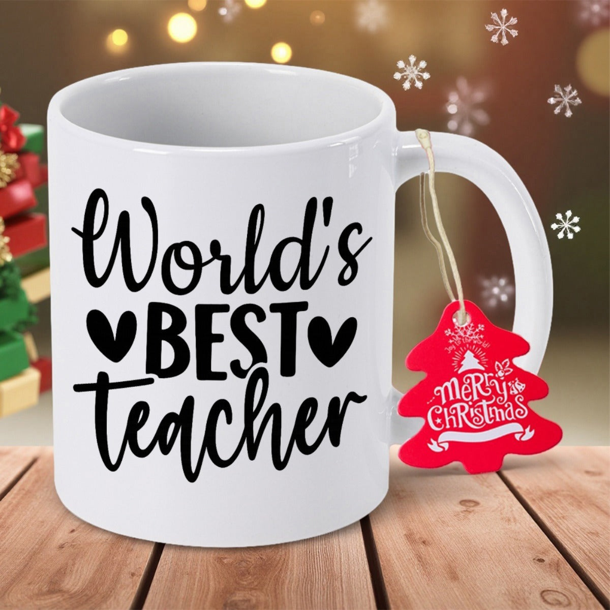 Tailorly White Ceramic 11 oz Mug - Worlds Best Teacher Elegant Featuring Simple Black Typography With Heart Accents Mug