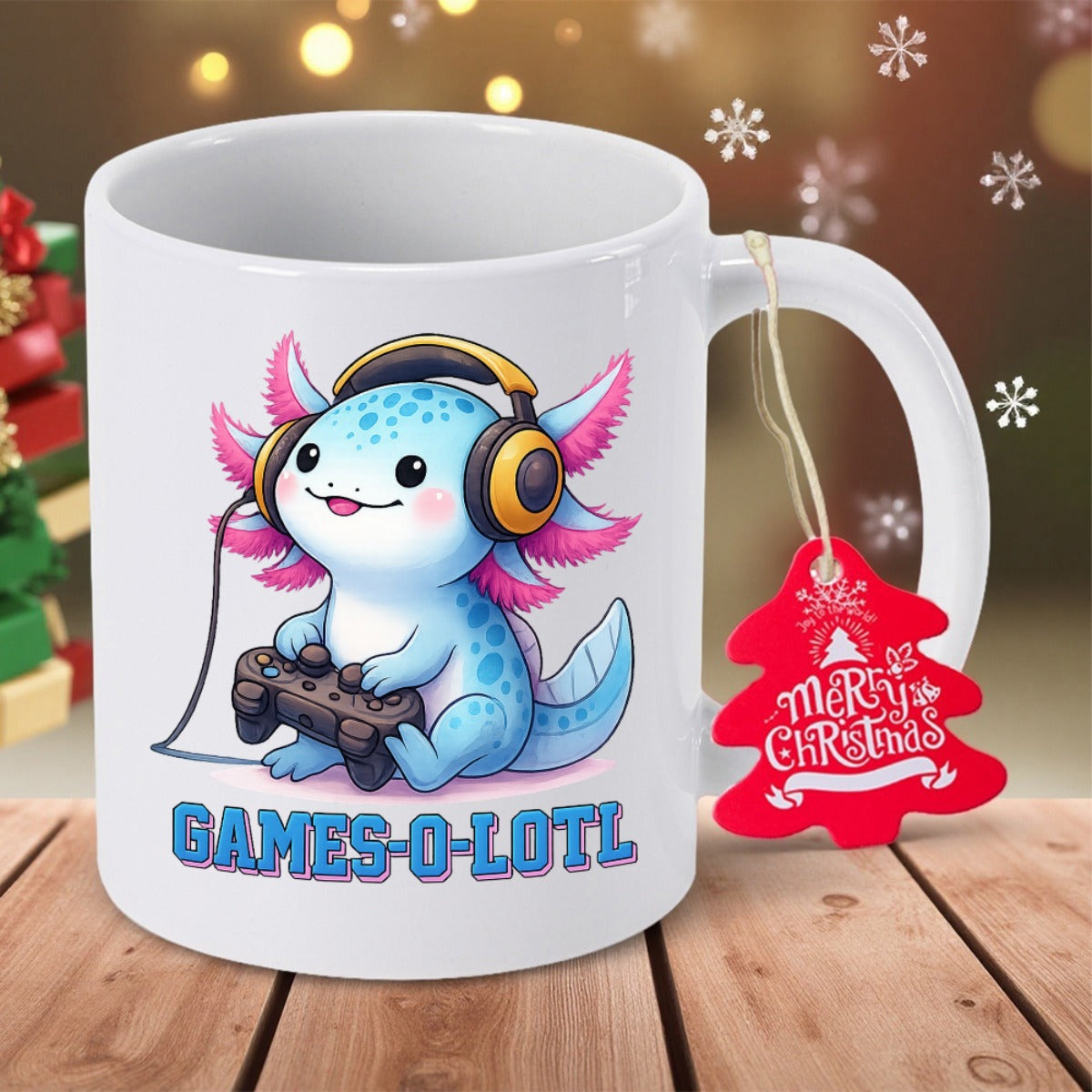 Tailorly White Ceramic 11 oz Mug - Games O Lotl Adorable Blue Cartoon Gamer Wearing Headphones And Holding Controller Axolotl