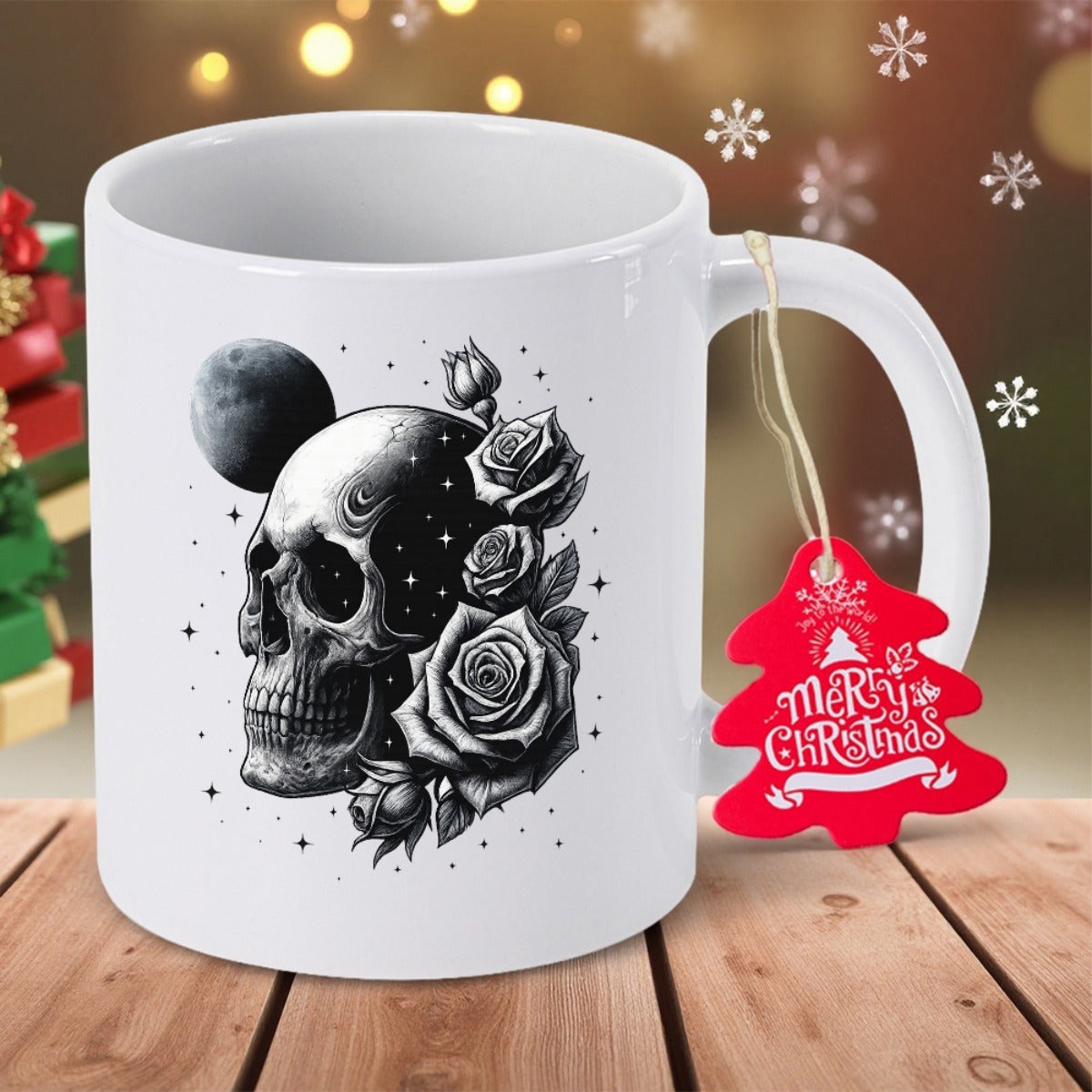 Tailorly White Ceramic 11 oz Mug - Dark Gothic Elements With Blooming Roses And A Celestial Moon Skull