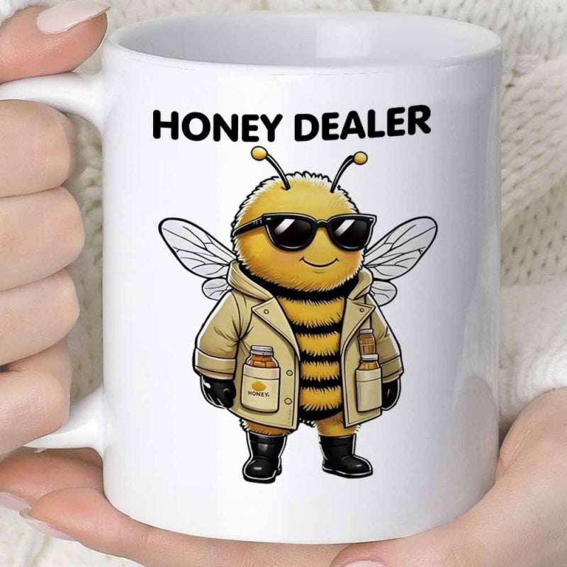 Tailorly White Ceramic 11 oz Mug - Honey Dealer Cool Cartoon Bumblebee Wearing Sunglasses And Trench Coat Carrying Jars Of Bee