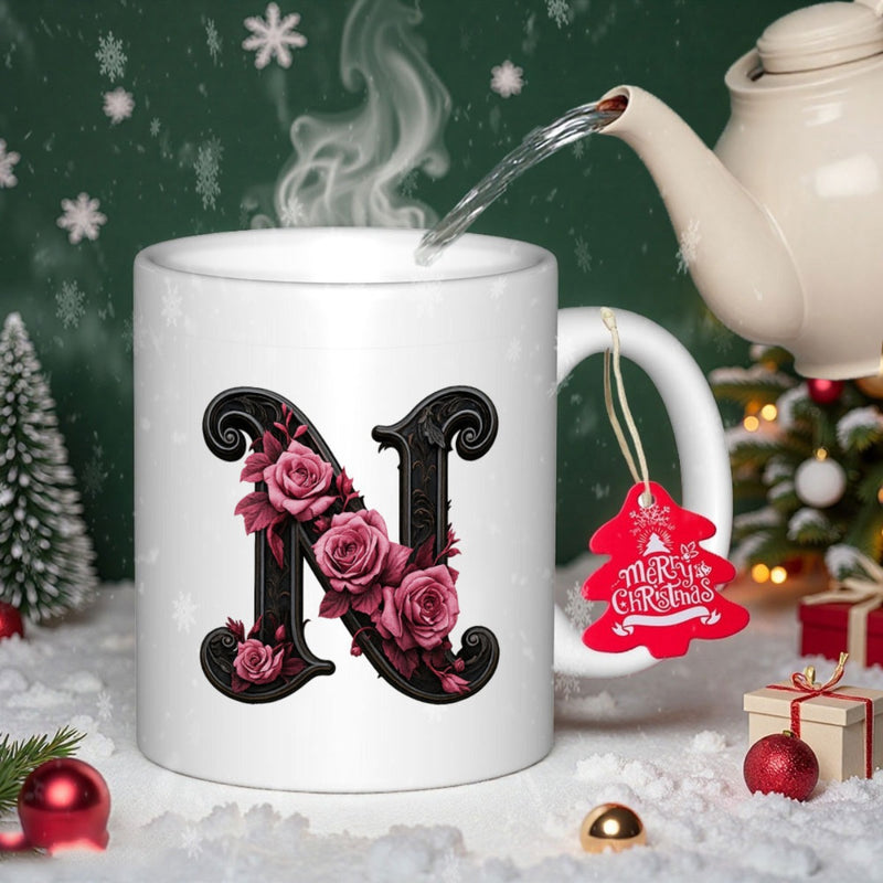 Tailorly White Ceramic 11 oz Mug - Merry Christmas Ornate Black Lettering Surrounded By Vibrant Blooming Floral Pink Roses Initial