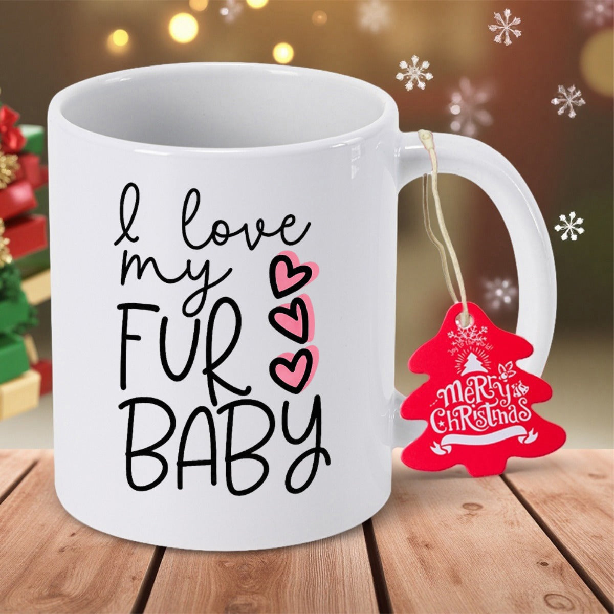 Tailorly White Ceramic 11 oz Mug - I Love My Fur Baby Handwritten Script With Three Pink Hearts Set Against A Plain Background Mug