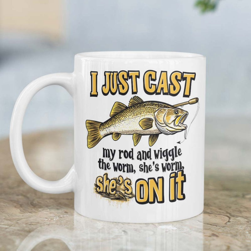 Tailorly White Ceramic 11 oz Mug - I Just Cast My Rod And Wiggle The Worm Shes Worn Shes On It Detailed Illustration Of A Largemouth Bass Caught On Fishing Line