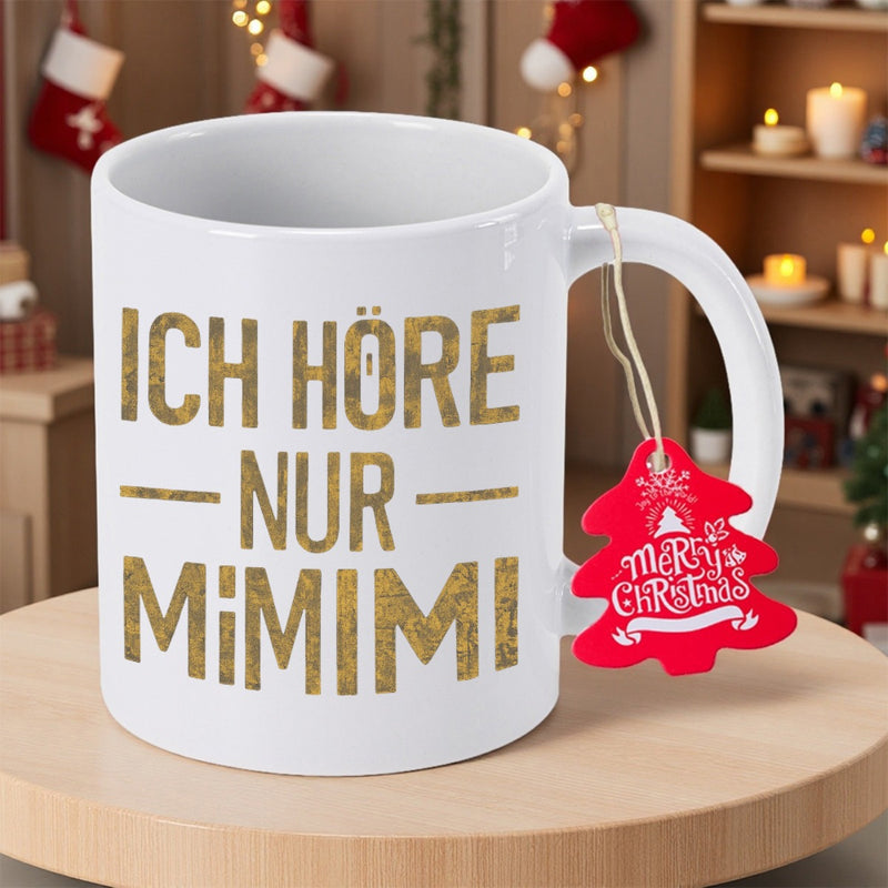 Tailorly White Ceramic 11 oz Mug - Merry Christmas Textured Golden Lettering On Ceramic Surface With Festive Red Christmas Tree Tag Mug