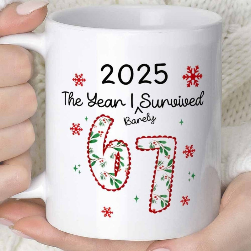 Tailorly White Ceramic 11 oz Mug - 2025 The Year I Barely Survived Festive Red Snowflakes And Floral Patterned Numbers Celebrating A Milestone Age Sixty Seven