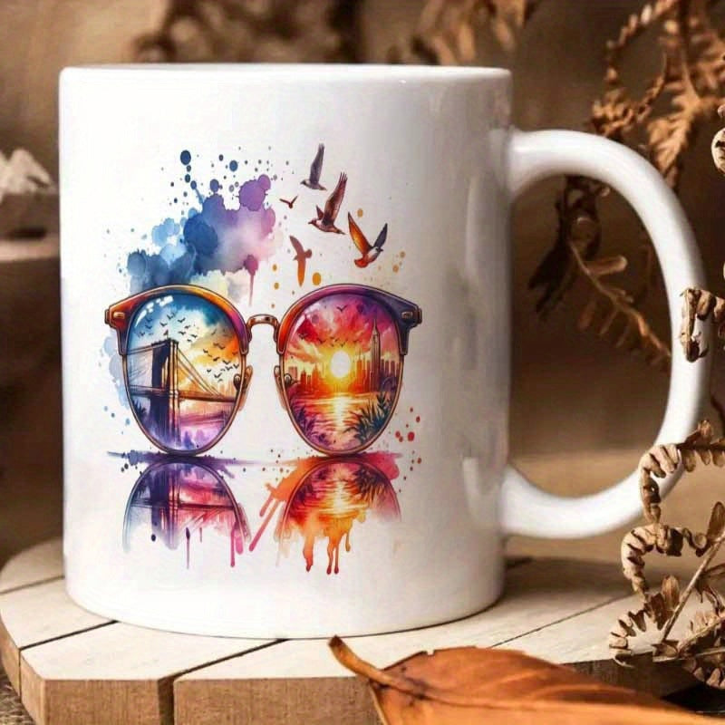 Tailorly White Ceramic 11 oz Mug - Colorful Watercolor Splashes With Flying Birds And Scenic Sunset Reflection Sunglasses