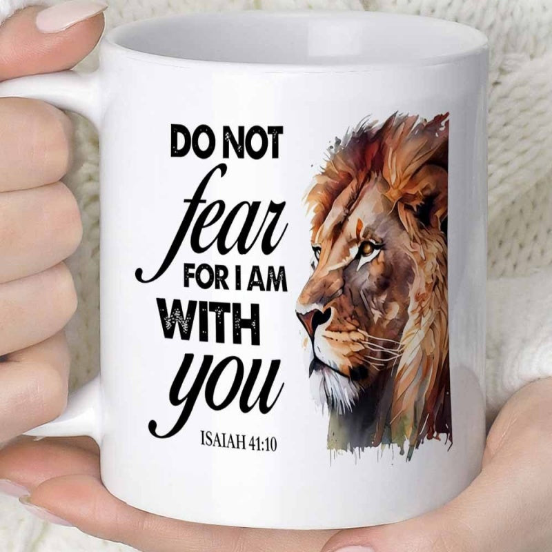 Tailorly White Ceramic 11 oz Mug - Do Not Fear For I Am With You Isaiah 41 10 Majestic Lion Head With Flowing Mane Painted In Artistic Earthy Tones Lion