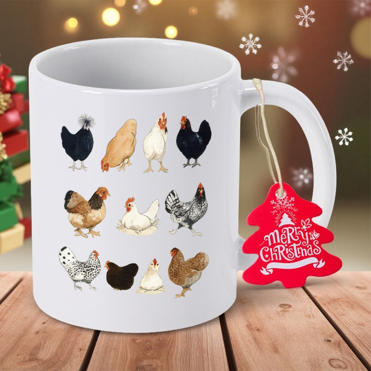 Tailorly White Ceramic 11 oz Mug - Diverse Collection Of Various Farm Poultry Breeds Standing Together In Rows Chicken
