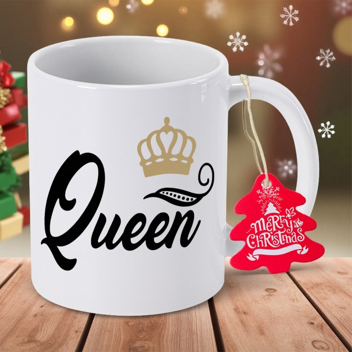 Tailorly White Ceramic 11 oz Mug - Queen Elegant Golden Crown Icon Resting Above Sophisticated Cursive Script Ceramic Mug