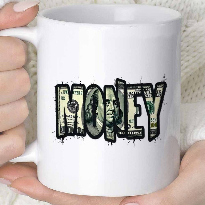 Tailorly White Ceramic 11 oz Mug - Money Artistic Distressed Block Letters Filled With Hundred Dollar Bill Texture Money