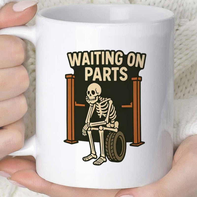 Tailorly White Ceramic 11 oz Mug - Waiting On Parts Sitting Patiently On A Tire Within A Detailed Auto Shop Garage Skeleton