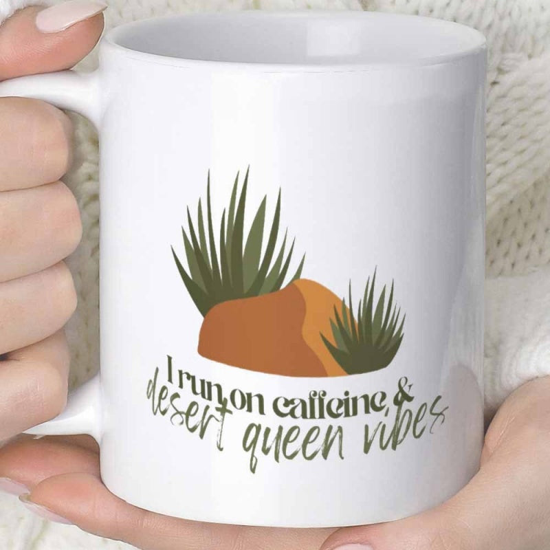 Tailorly White Ceramic 11 oz Mug - I Run On Caffeine And Desert Queen Vibes Spiky Green Desert Succulents Nestled Beside Warm Earthy Orange Sand Rock Plant
