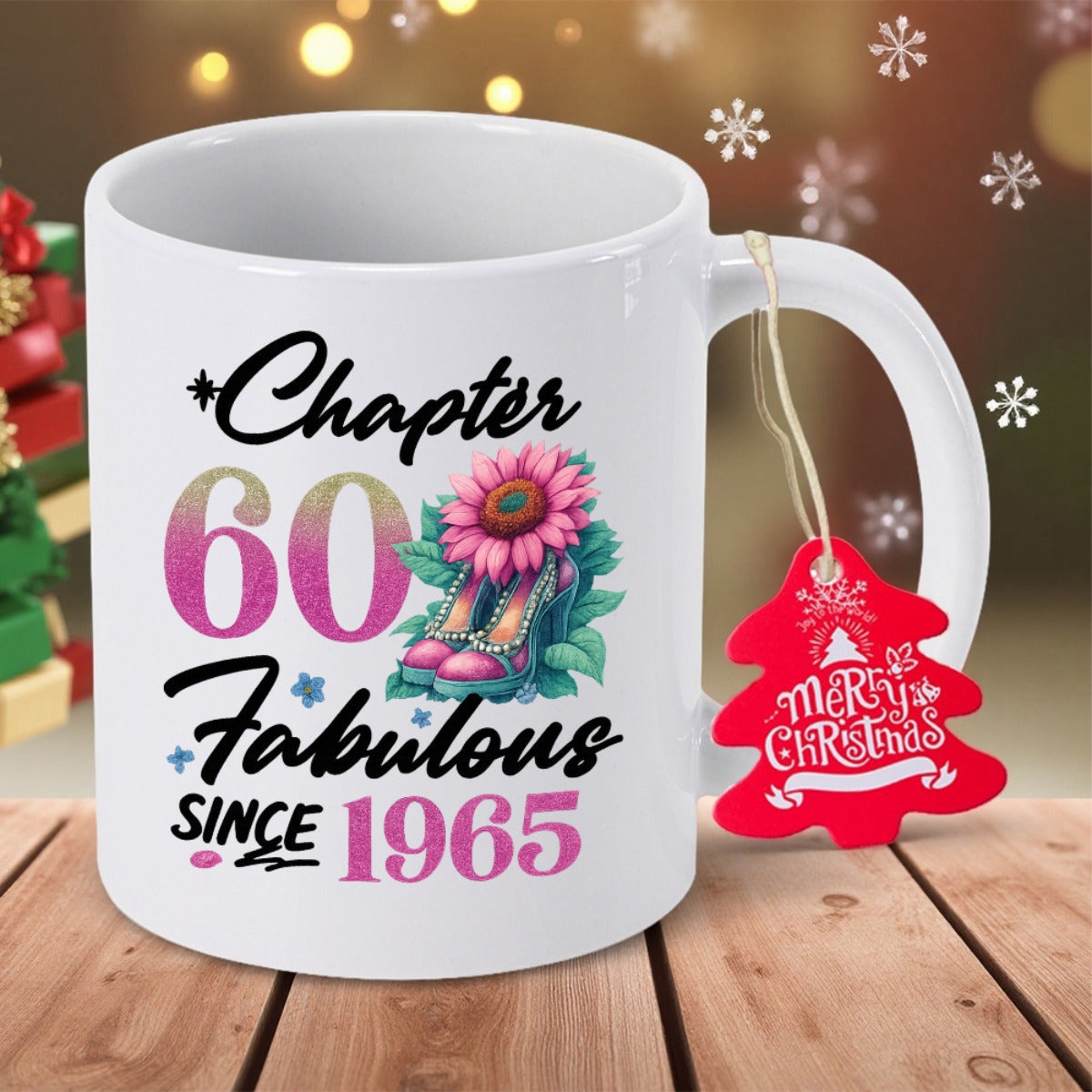 Tailorly White Ceramic 11 oz Mug - Chapter 60 Fabulous Since 1965 Vibrant Pink Sunflower Resting Inside Elegant High Heel Shoes With Leaves Shoes
