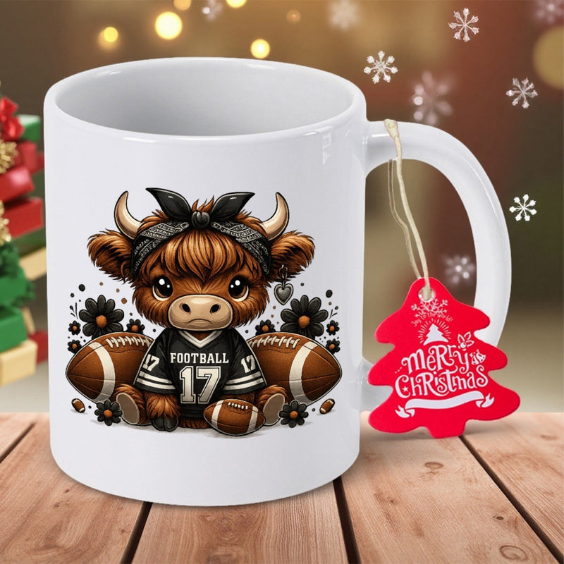 Tailorly White Ceramic 11 oz Mug - Football Adorable Highland Cow Wearing Jersey Sitting Among Leather Sports Balls Cow