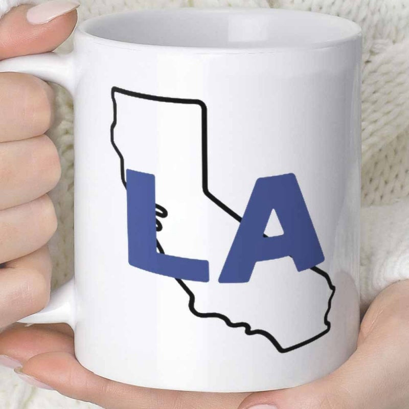Tailorly White Ceramic 11 oz Mug - LA Minimalist Black Outline State Map Of California With Blue Typography Mug
