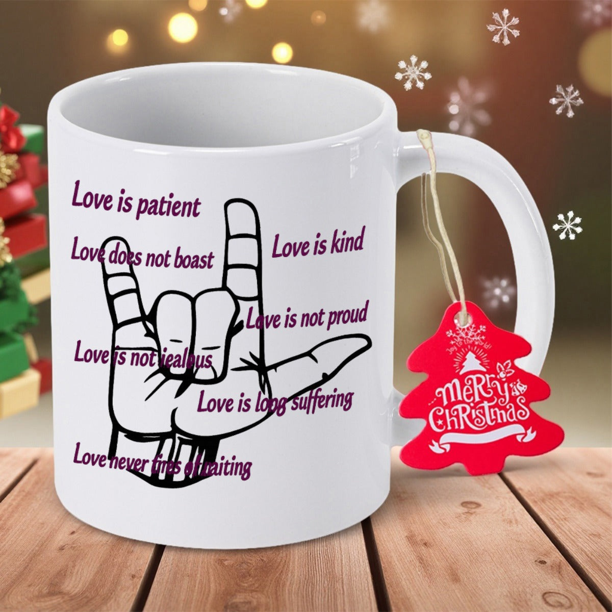Tailorly White Ceramic 11 oz Mug - Love Is Patient Love Is Kind Sign Language Gesture Surrounded By Inspirational Spiritual Quotes Hand