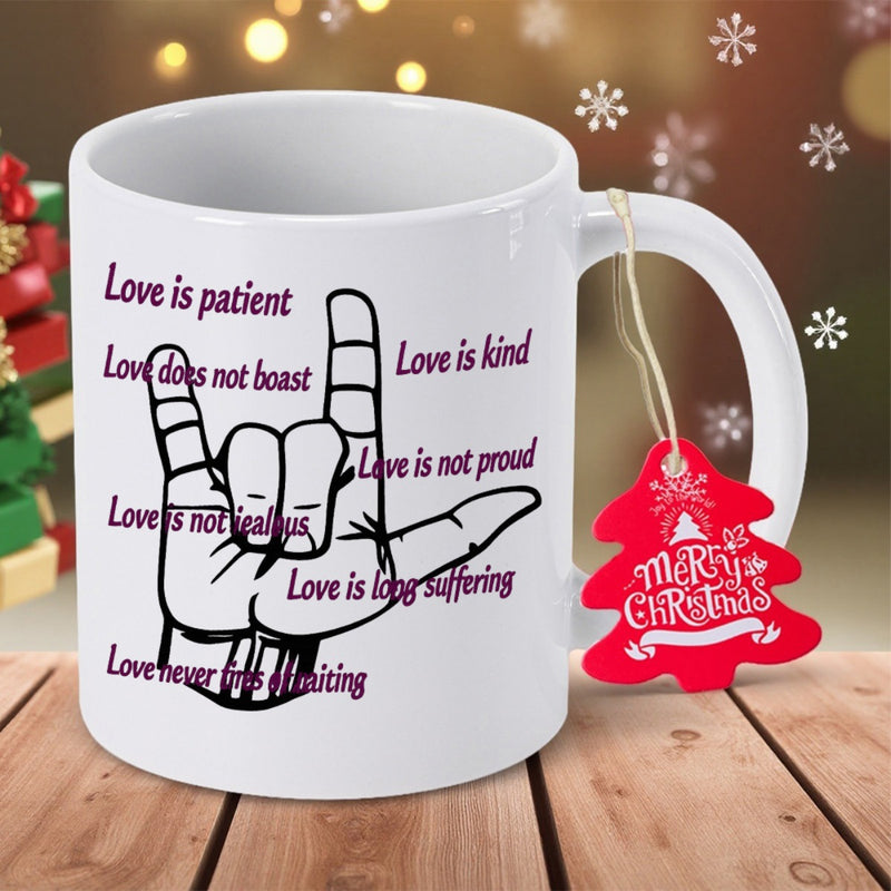 Tailorly White Ceramic 11 oz Mug - Love Is Patient Love Is Kind Sign Language Gesture Surrounded By Inspirational Spiritual Quotes Hand