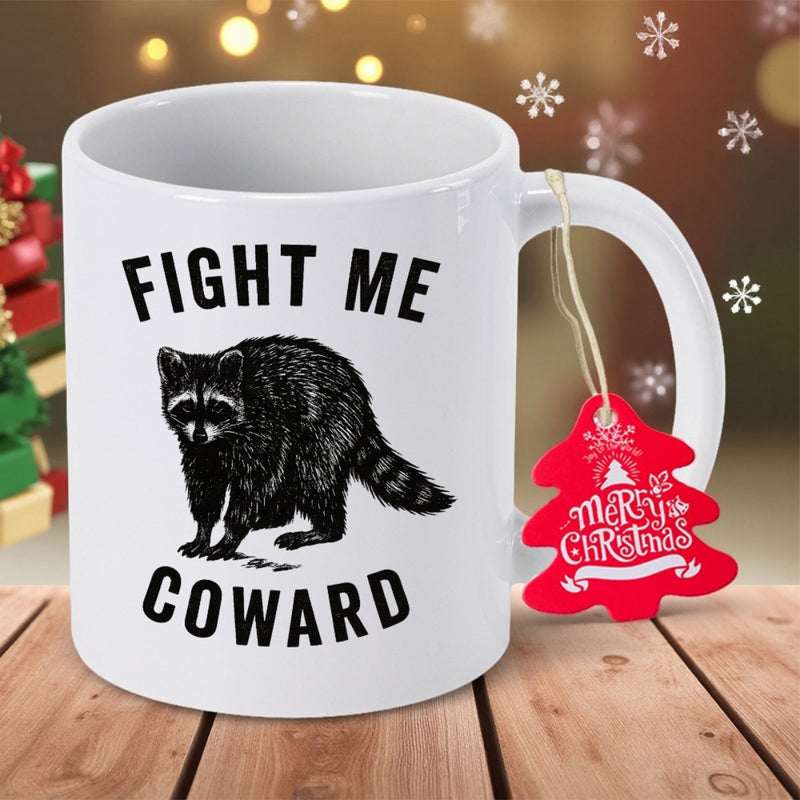 Tailorly White Ceramic 11 oz Mug - Fight Me Coward Detailed Sketch Of A Standing Black And White Furry Forest Animal Raccoon