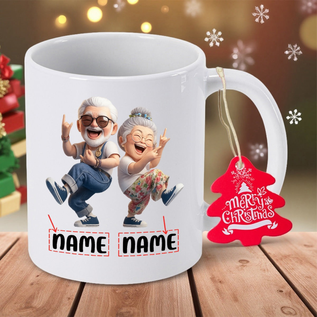Tailorly White Ceramic 11 oz Mug - Merry Christmas Joyful Animated Elderly Characters Dancing Energetically In Casual Trendy Clothing Couple