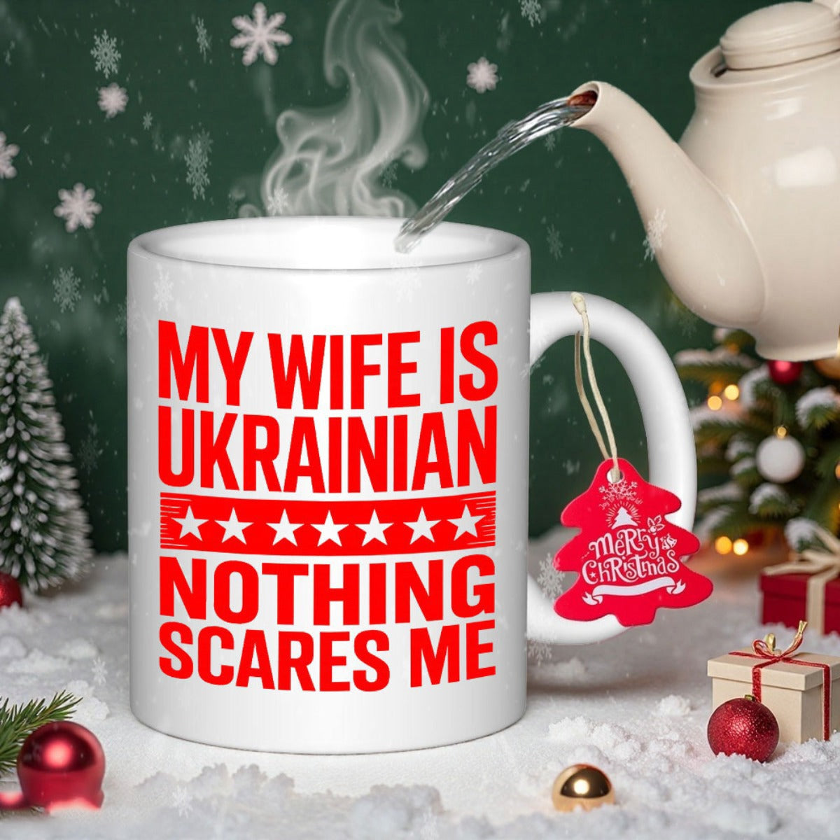Tailorly White Ceramic 11 oz Mug - My Wife Is Ukrainian Nothing Scares Me Bold Red Text Stars On