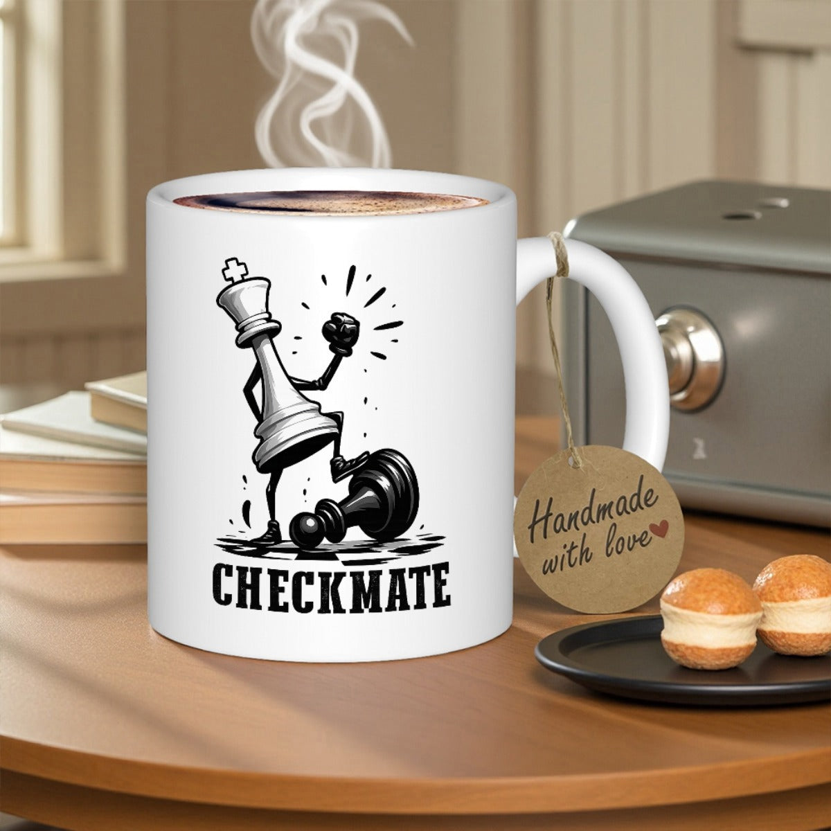 Tailorly White Ceramic 11 oz Mug - Checkmate Triumphant Cartoon King Piece Standing Over Defeated Pawn On Chessboard King