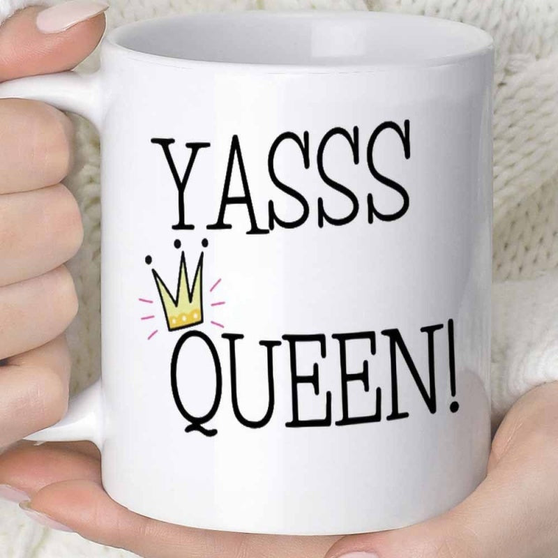 Tailorly White Ceramic 11 oz Mug - Yasss Queen Hand Drawn Minimalist Golden Sparkle Graphic In Black Bold Lettering Crown