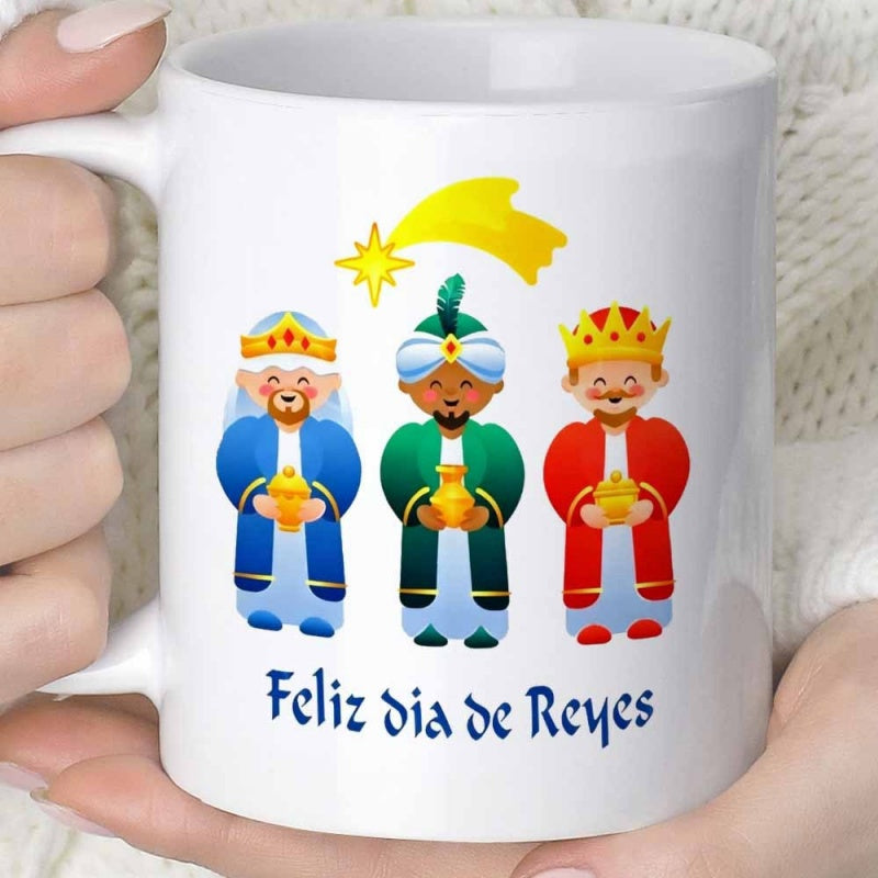 Tailorly White Ceramic 11 oz Mug - Three Colorful Cartoon Kings Holding Golden Gifts Under A Yellow Shooting Star Magi
