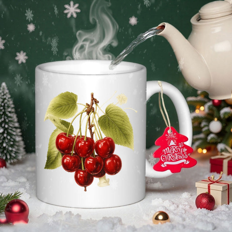 Tailorly White Ceramic 11 oz Mug - Merry Christmas Lush Botanical Style Vibrant Red Fruit Clusters Among Textured Green Leaves Cherry