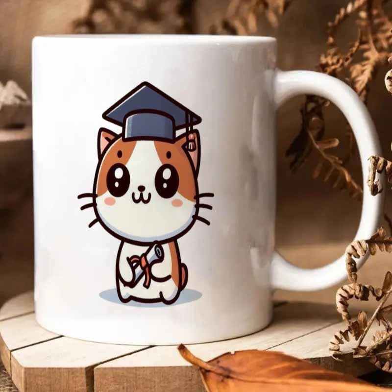 Tailorly White Ceramic 11 oz Mug - Adorable Little Cartoon Kitten Wearing Graduation Cap Holding A Rolled Diploma Cat