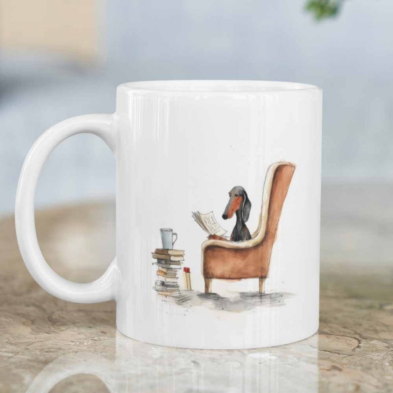 Tailorly White Ceramic 11 oz Mug - Hand Painted Whimsical Watercolor Long Haired Dog Relaxing In Armchair Dachshund