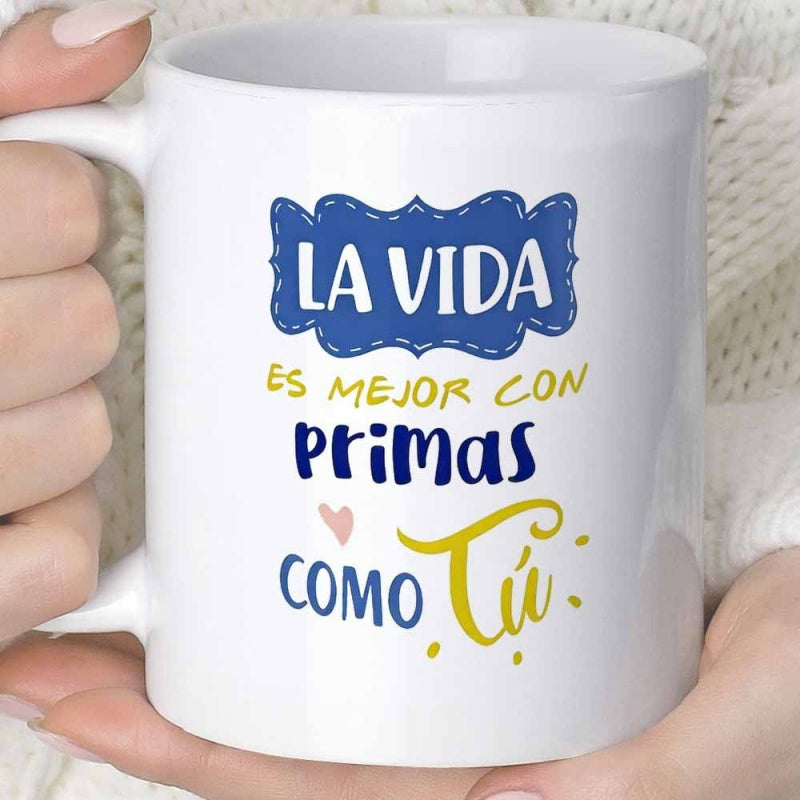 Tailorly White Ceramic 11 oz Mug - Colorful Decorative Spanish Lettering Inside Scalloped Blue Banner With Heart Mug