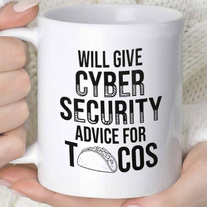 Tailorly White Ceramic 11 oz Mug - Will Give Cyber Security Advice For Tacos Minimalist Black Line Art Style Featuring A Mexican Food Item Taco