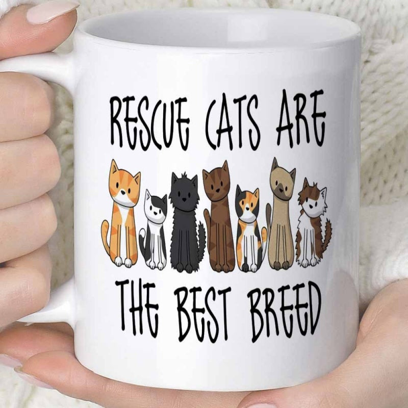 Tailorly White Ceramic 11 oz Mug - Rescue Cats Are The Best Breed Seven Different Adorable Cartoon Felines Sitting Together In A Neat Row Cat