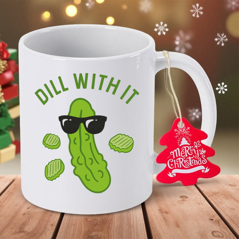 Tailorly White Ceramic 11 oz Mug - Dill With It Cartoon Green Pickle Character Wearing Black Sunglasses Surrounded By Sliced Slices Pickle