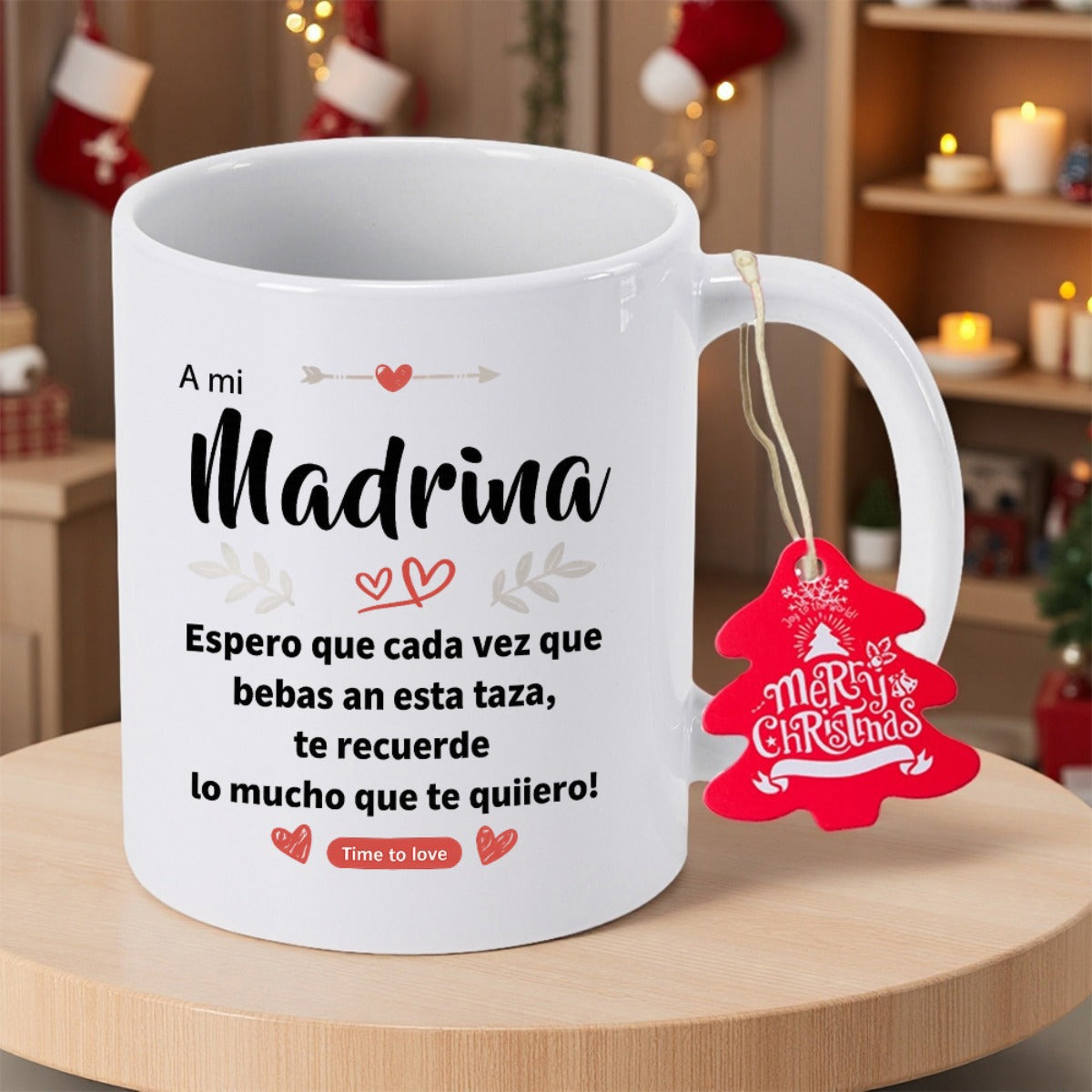 Tailorly White Ceramic 11 oz Mug - Time To Love Minimalist White Ceramic With Decorative Small Red Hearts And Elegant Grey Branches Mug