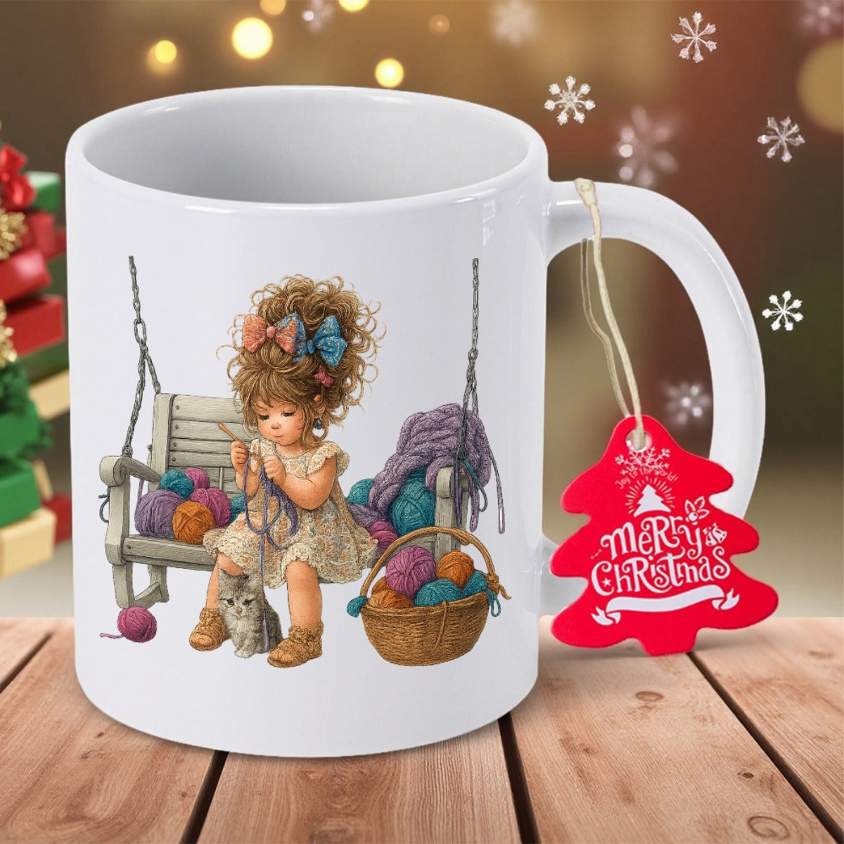 Tailorly White Ceramic 11 oz Mug - Merry Christmas Lovely Child On Garden Swing Knitting Among Many Colorful Yarn Balls Girl