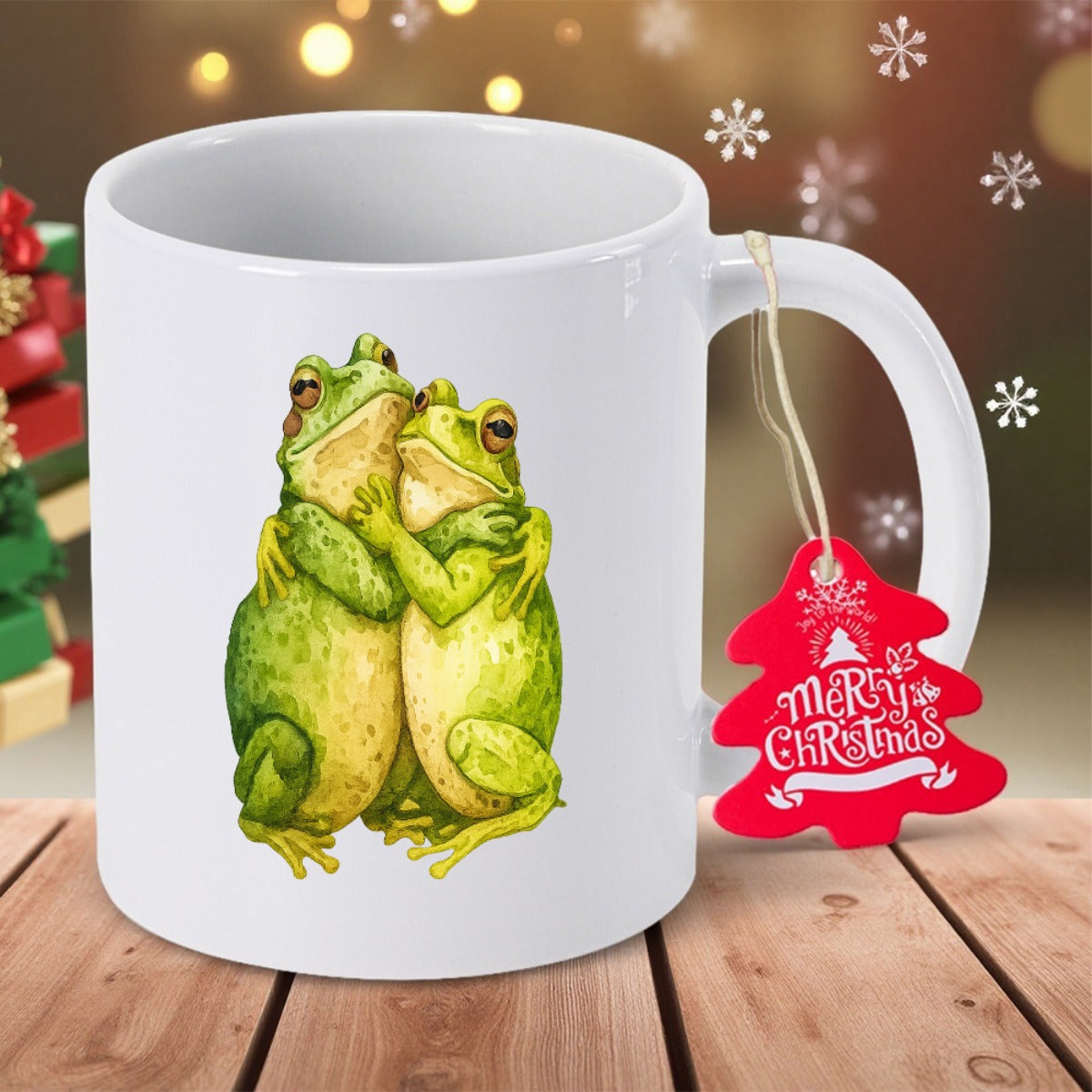 Tailorly White Ceramic 11 oz Mug - Merry Christmas Two Adorable Green Frogs Hugging Each Other With Affectionate Expressions Frog