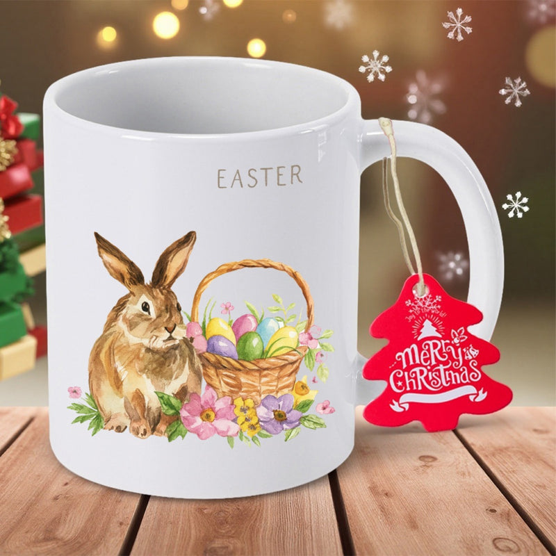 Tailorly White Ceramic 11 oz Mug - Easter Merry Christmas Realistic Brown Rabbit Sitting Beside An Intricate Wicker Egg Basket Rabbit