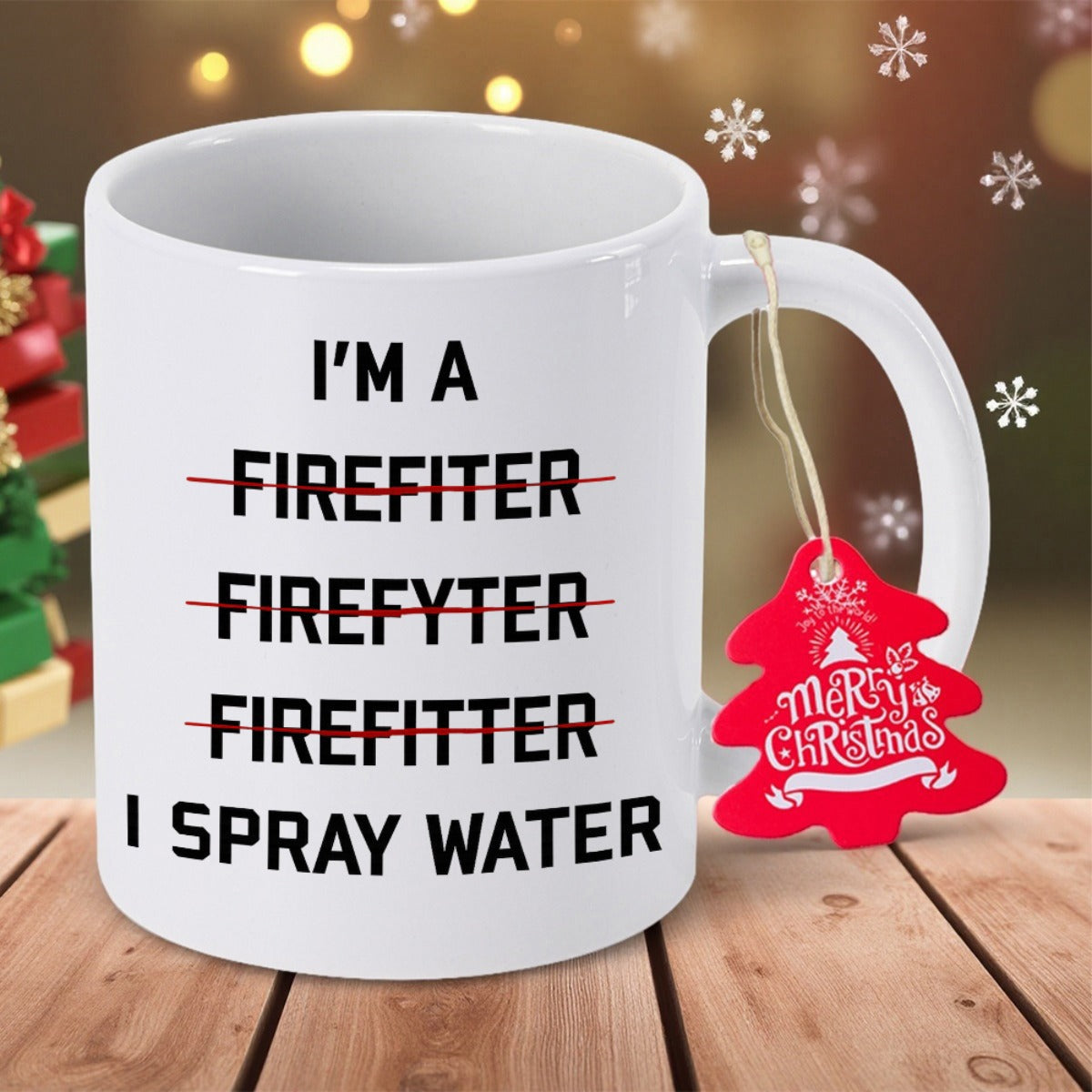 Tailorly White Ceramic 11 oz Mug - Im A Firefiter Firefyter Firefitter I Spray Water Bold Typography Design Featuring Horizontal Red Strike Lines On Minimalist
