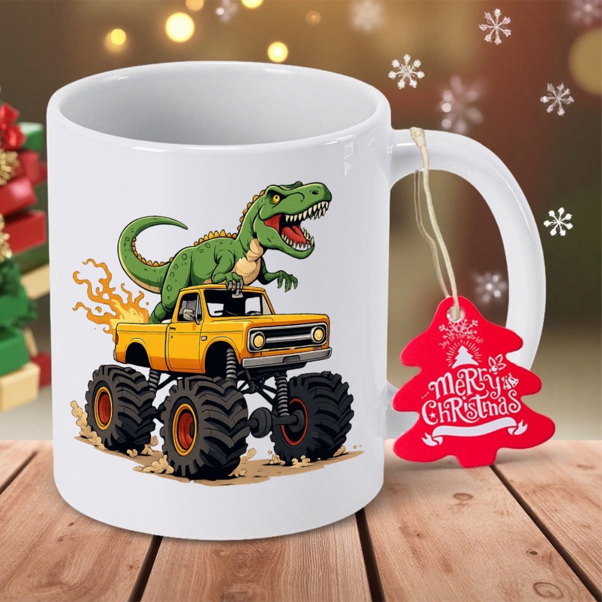 Tailorly White Ceramic 11 oz Mug - Green Roaring Dinosaur Riding On A Powerful Yellow Monster Truck