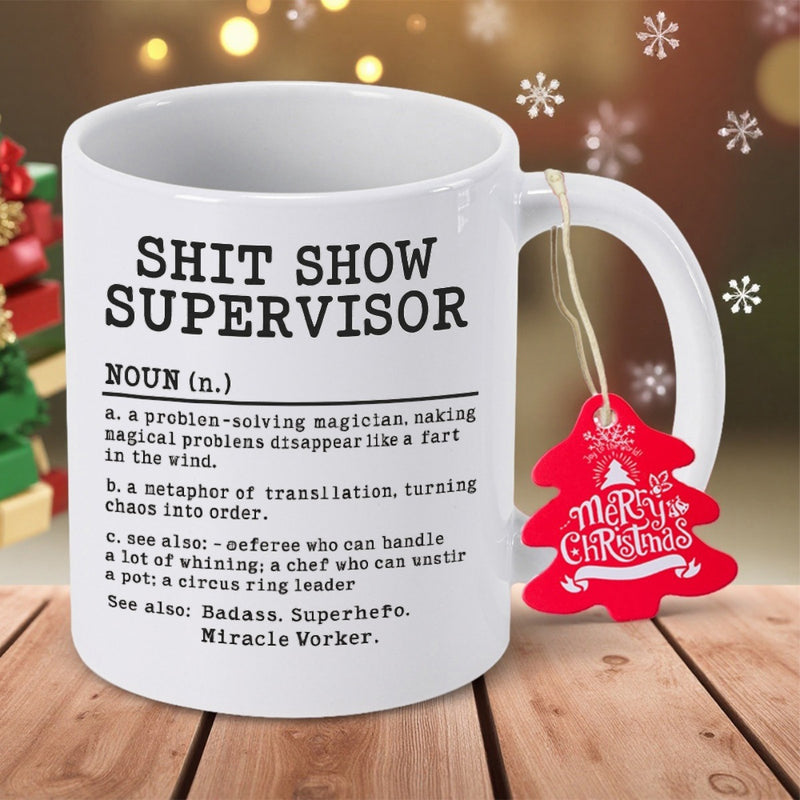 Tailorly White Ceramic 11 oz Mug - Shit Show Supervisor Minimalist White Ceramic Vessel Displaying Typewriter Style Text Upon Table Mug